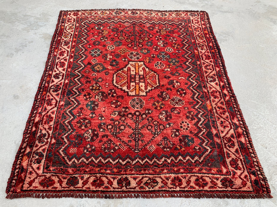 KBHM-1195 Hand-Knotted Persian Wool Rug – 3'8" x 3'1" Red, Ivory & Navy Tribal Accent Rug