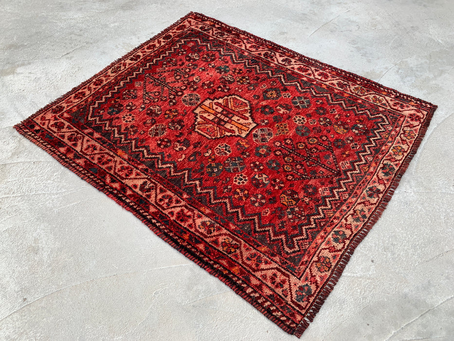 KBHM-1195 Hand-Knotted Persian Wool Rug – 3'8" x 3'1" Red, Ivory & Navy Tribal Accent Rug