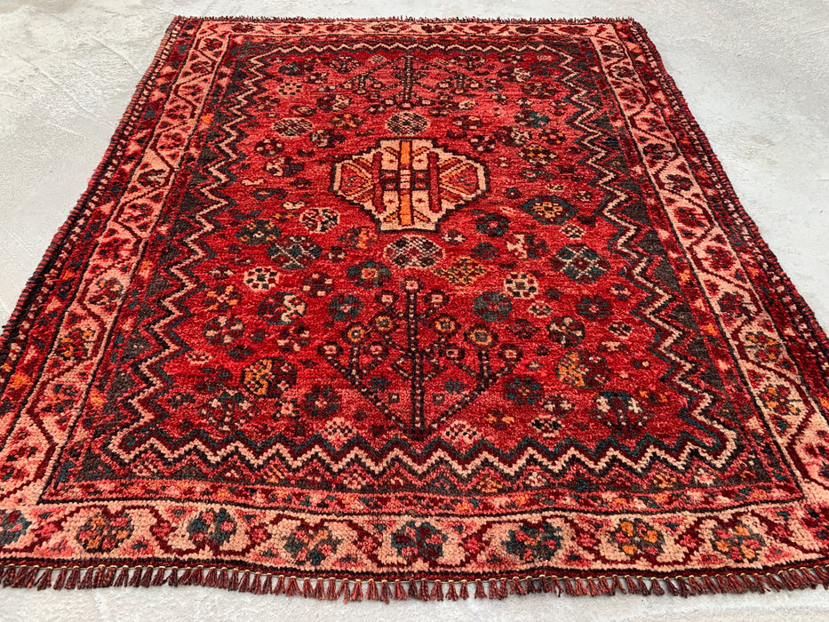 KBHM-1195 Hand-Knotted Persian Wool Rug – 3'8" x 3'1" Red, Ivory & Navy Tribal Accent Rug