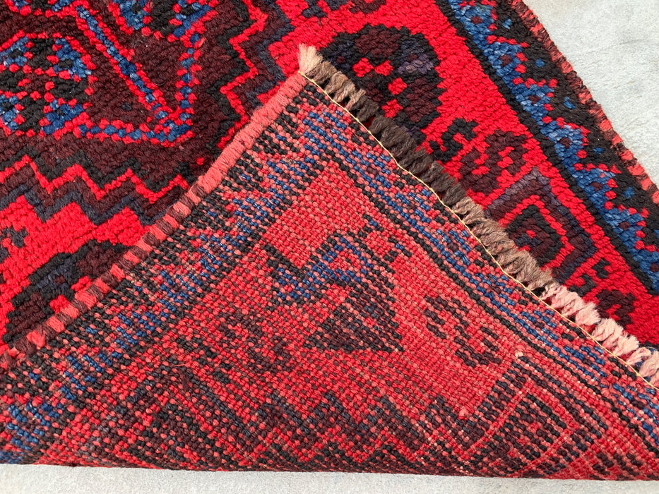 KBHM-1197 Hand-Knotted Persian Wool Runner Rug – 4'4" x 1'8" Red, Navy & Black Tribal Accent Rug