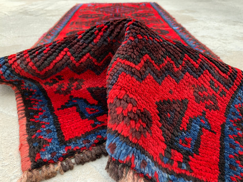 KBHM-1197 Hand-Knotted Persian Wool Runner Rug – 4'4" x 1'8" Red, Navy & Black Tribal Accent Rug