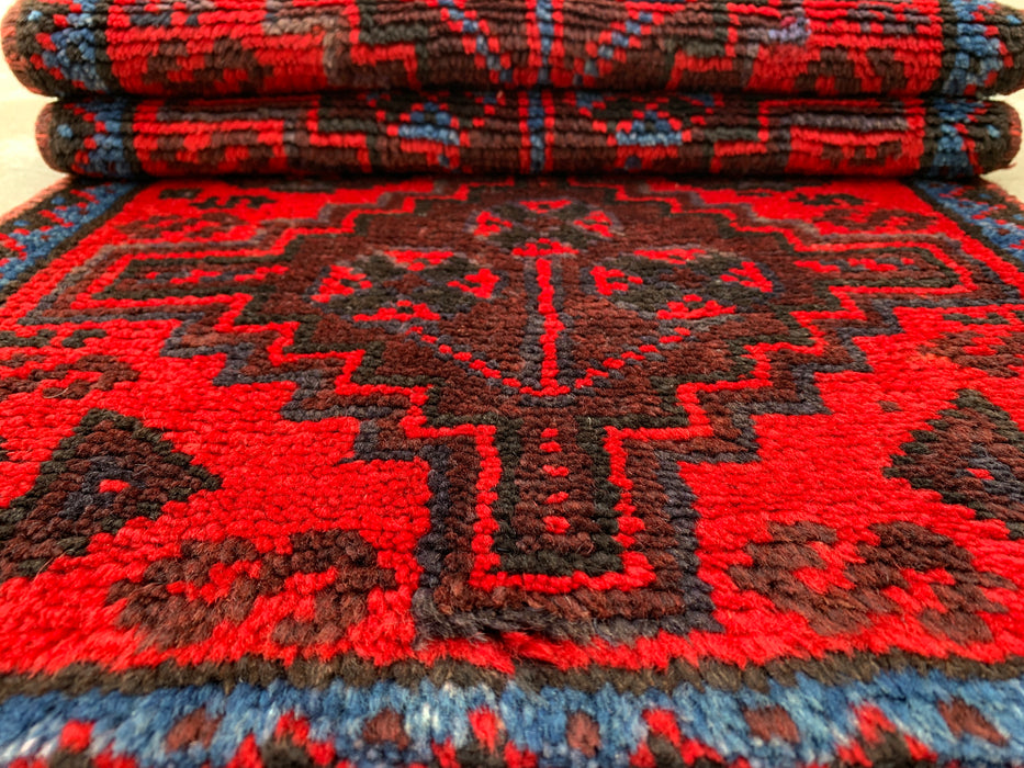 KBHM-1197 Hand-Knotted Persian Wool Runner Rug – 4'4" x 1'8" Red, Navy & Black Tribal Accent Rug