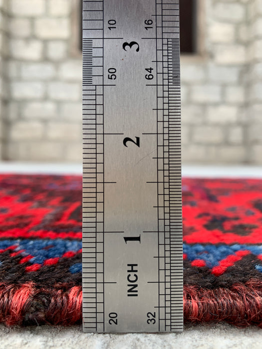 KBHM-1197 Hand-Knotted Persian Wool Runner Rug – 4'4" x 1'8" Red, Navy & Black Tribal Accent Rug