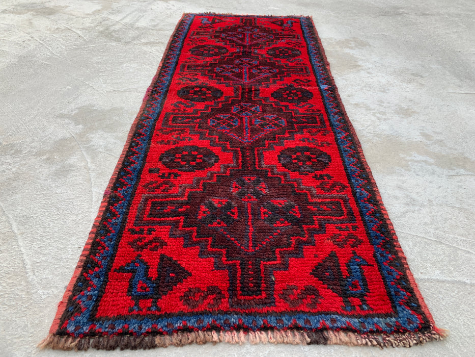 KBHM-1197 Hand-Knotted Persian Wool Runner Rug – 4'4" x 1'8" Red, Navy & Black Tribal Accent Rug