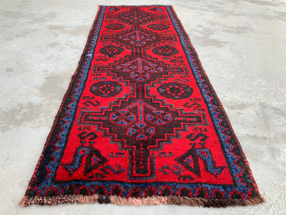 KBHM-1197 Hand-Knotted Persian Wool Runner Rug – 4'4" x 1'8" Red, Navy & Black Tribal Accent Rug
