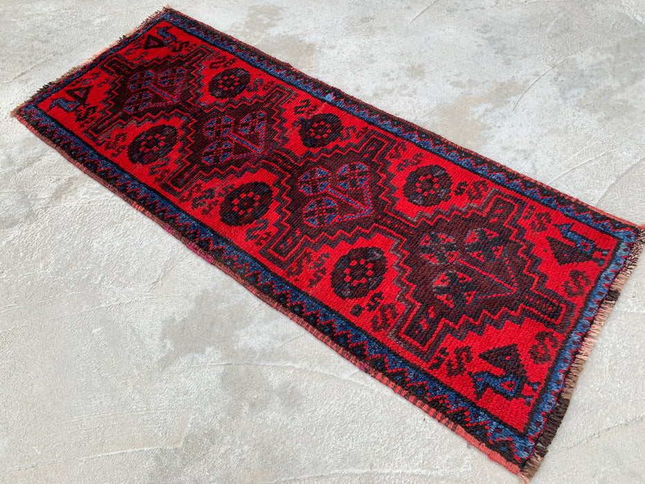 KBHM-1197 Hand-Knotted Persian Wool Runner Rug – 4'4" x 1'8" Red, Navy & Black Tribal Accent Rug