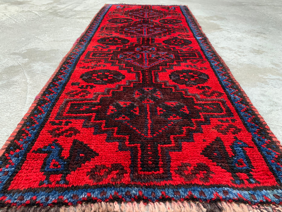 KBHM-1197 Hand-Knotted Persian Wool Runner Rug – 4'4" x 1'8" Red, Navy & Black Tribal Accent Rug