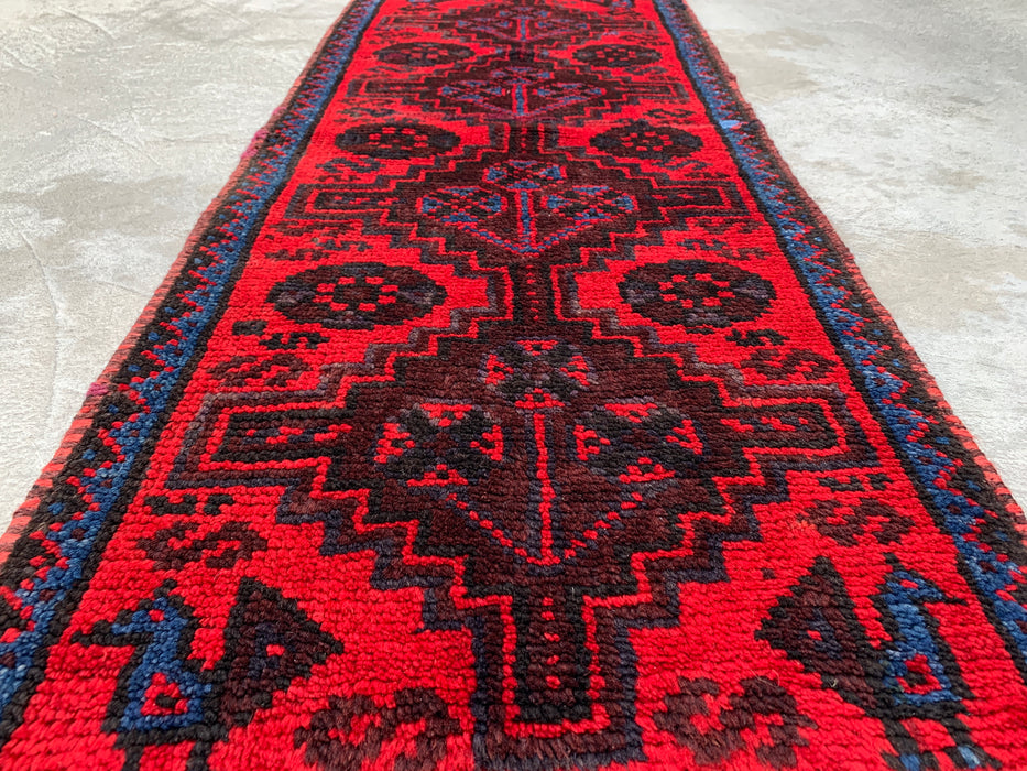 KBHM-1197 Hand-Knotted Persian Wool Runner Rug – 4'4" x 1'8" Red, Navy & Black Tribal Accent Rug