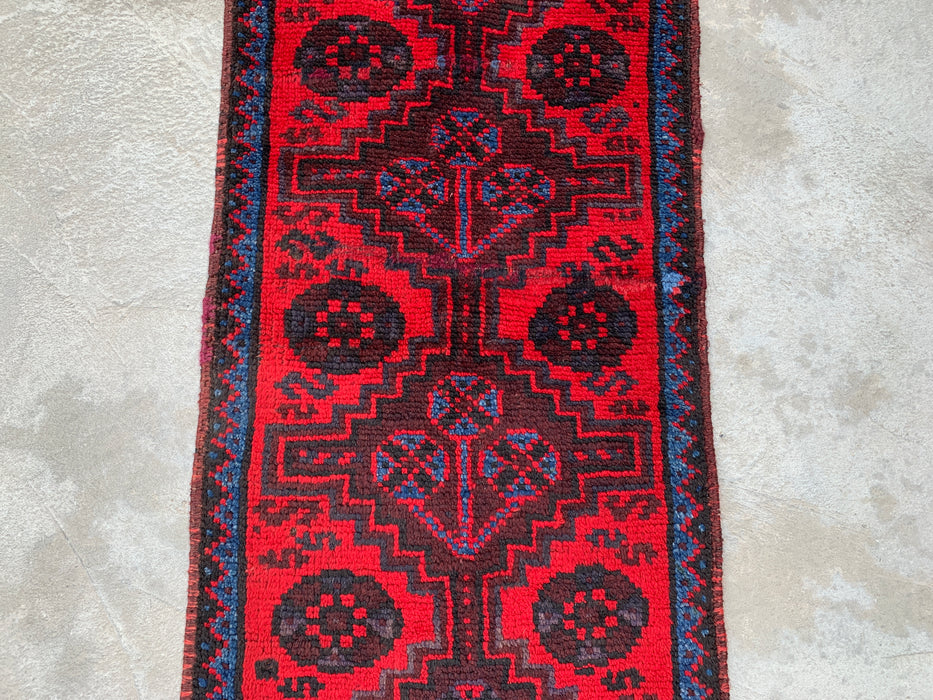 KBHM-1197 Hand-Knotted Persian Wool Runner Rug – 4'4" x 1'8" Red, Navy & Black Tribal Accent Rug