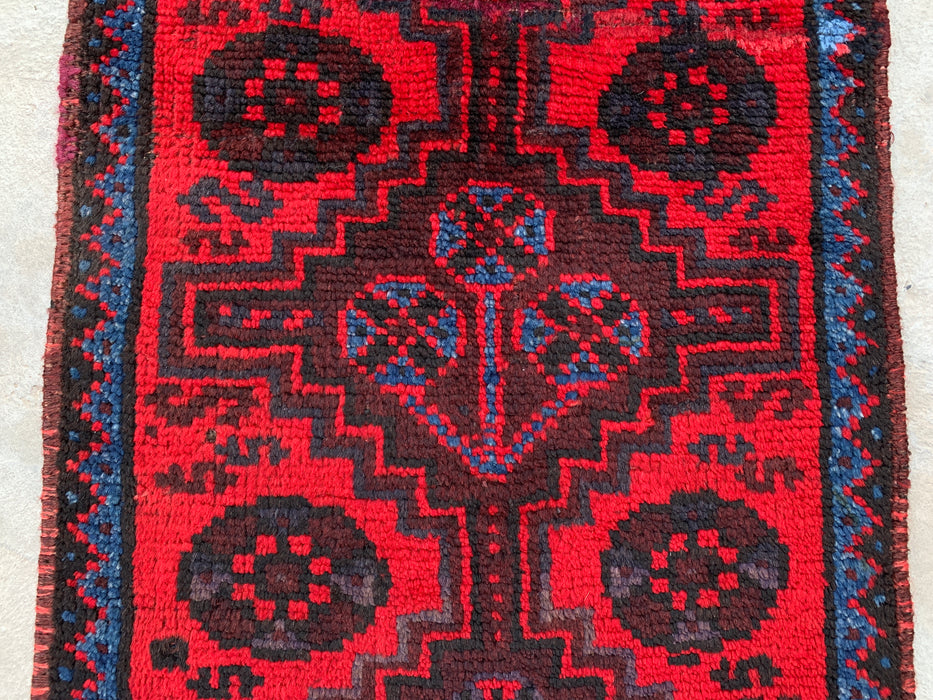 KBHM-1197 Hand-Knotted Persian Wool Runner Rug – 4'4" x 1'8" Red, Navy & Black Tribal Accent Rug