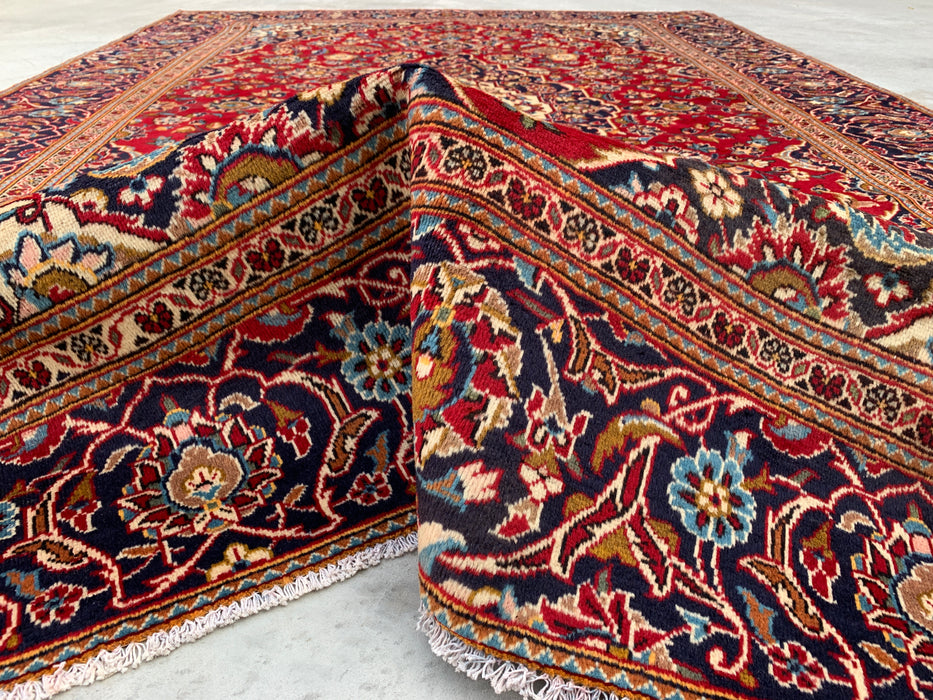 10'11 x 7'5 Hand-Knotted Persian Wool Rug in Red, Navy, Ivory & Light Blue Traditional Floral Medallion Design | KBHM-1198