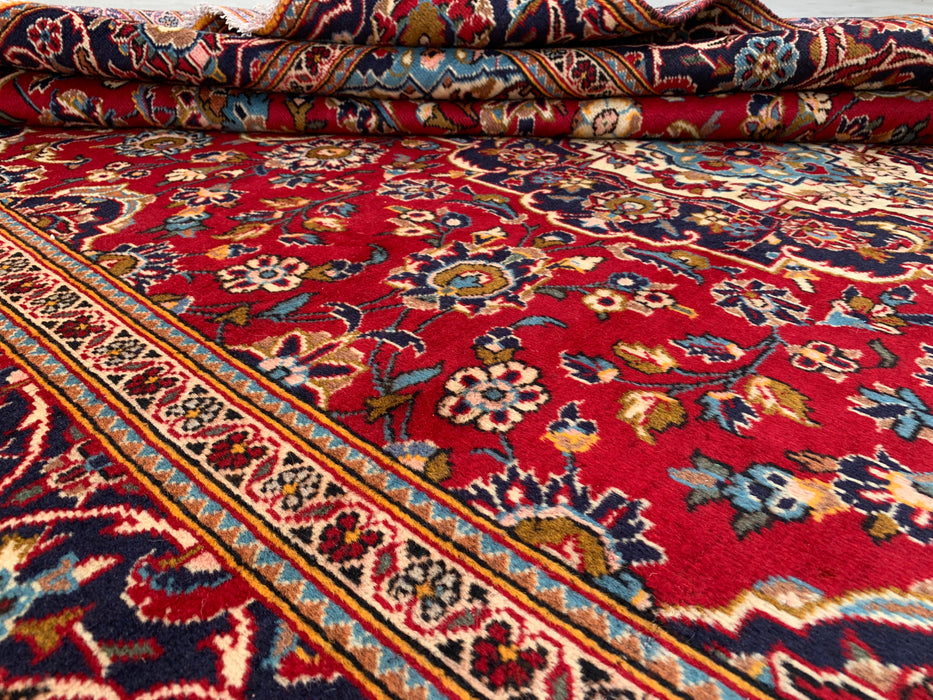10'11 x 7'5 Hand-Knotted Persian Wool Rug in Red, Navy, Ivory & Light Blue Traditional Floral Medallion Design | KBHM-1198