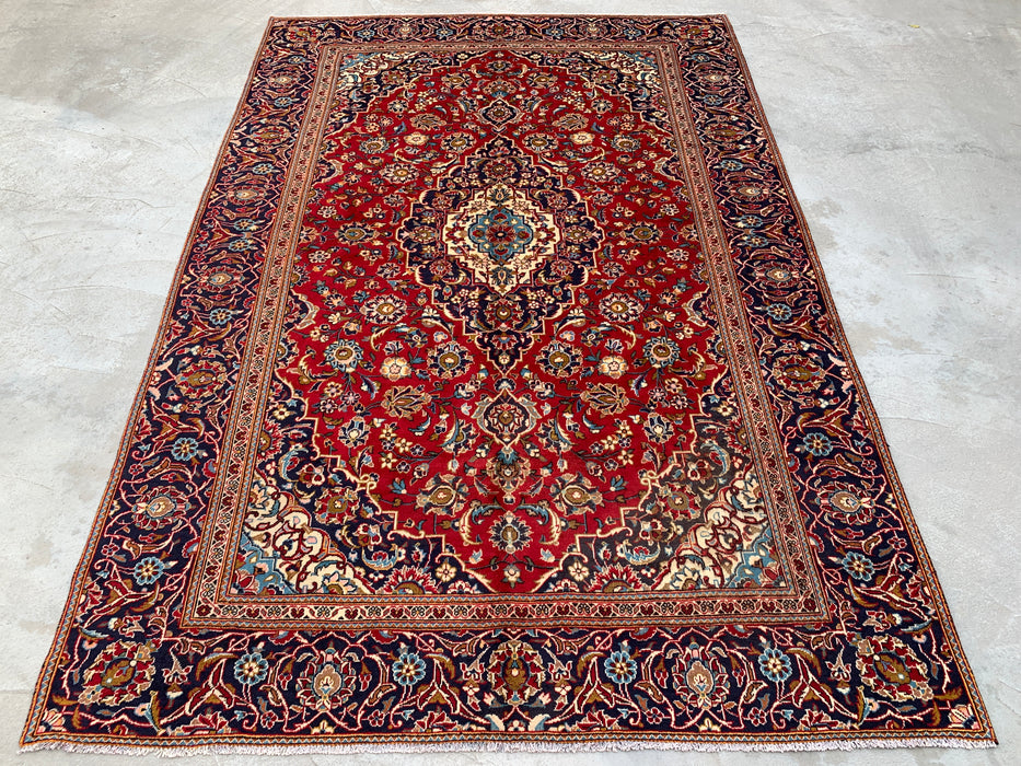 10'11 x 7'5 Hand-Knotted Persian Wool Rug in Red, Navy, Ivory & Light Blue Traditional Floral Medallion Design | KBHM-1198