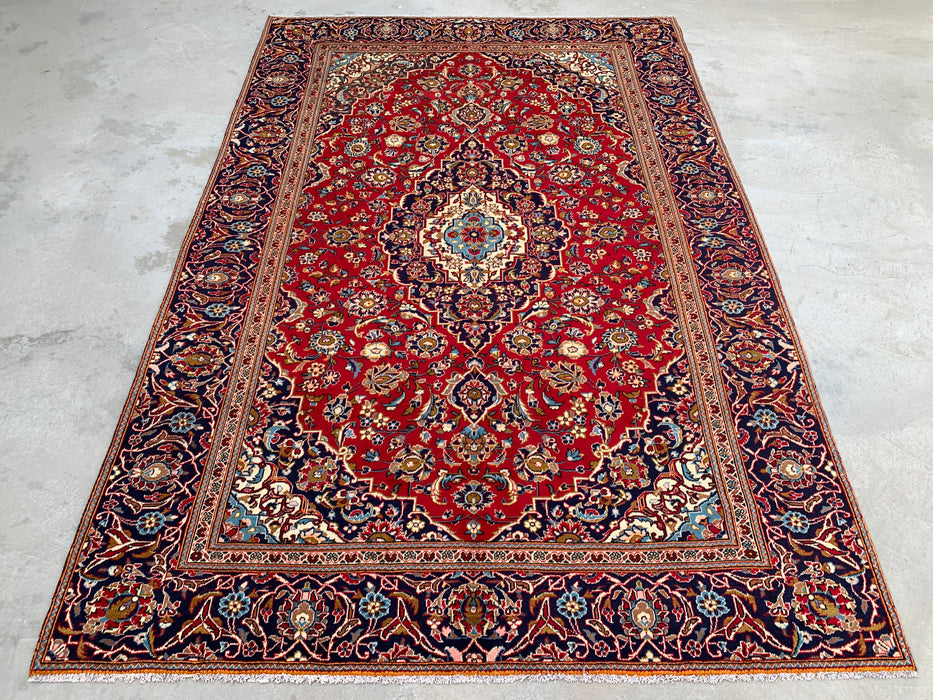 10'11 x 7'5 Hand-Knotted Persian Wool Rug in Red, Navy, Ivory & Light Blue Traditional Floral Medallion Design | KBHM-1198