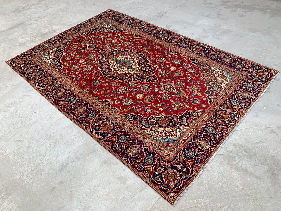 10'11 x 7'5 Hand-Knotted Persian Wool Rug in Red, Navy, Ivory & Light Blue Traditional Floral Medallion Design | KBHM-1198