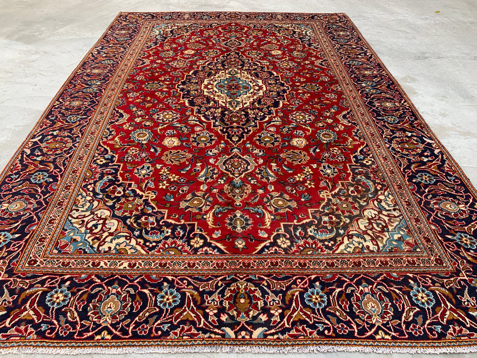 10'11 x 7'5 Hand-Knotted Persian Wool Rug in Red, Navy, Ivory & Light Blue Traditional Floral Medallion Design | KBHM-1198