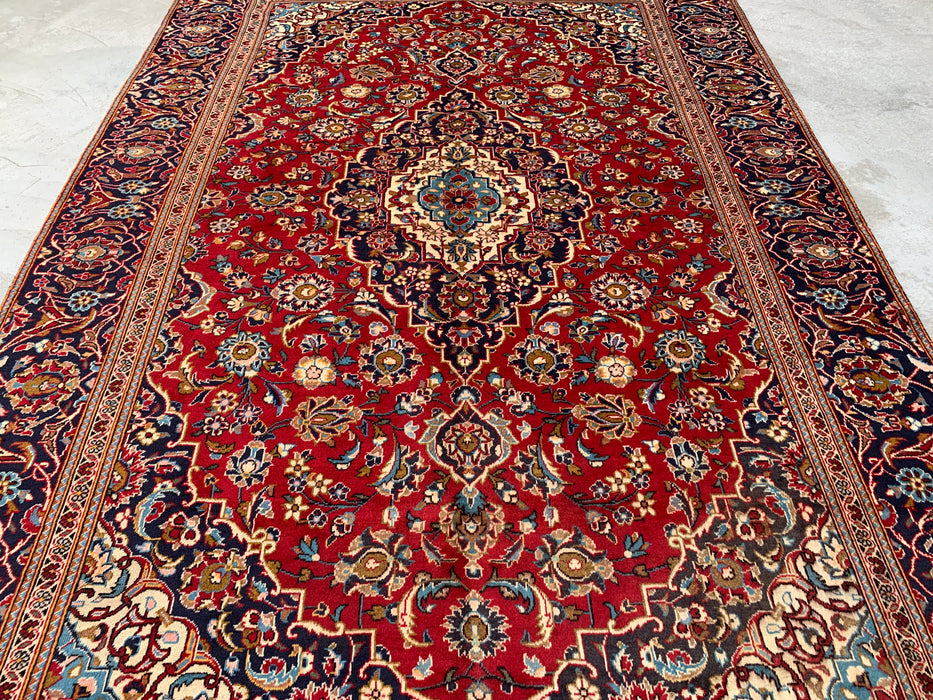 10'11 x 7'5 Hand-Knotted Persian Wool Rug in Red, Navy, Ivory & Light Blue Traditional Floral Medallion Design | KBHM-1198