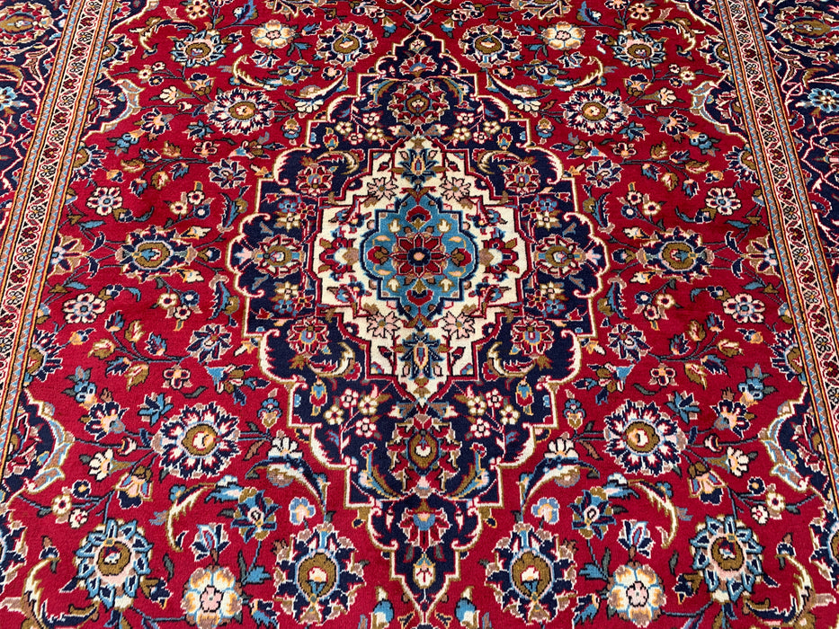 10'11 x 7'5 Hand-Knotted Persian Wool Rug in Red, Navy, Ivory & Light Blue Traditional Floral Medallion Design | KBHM-1198