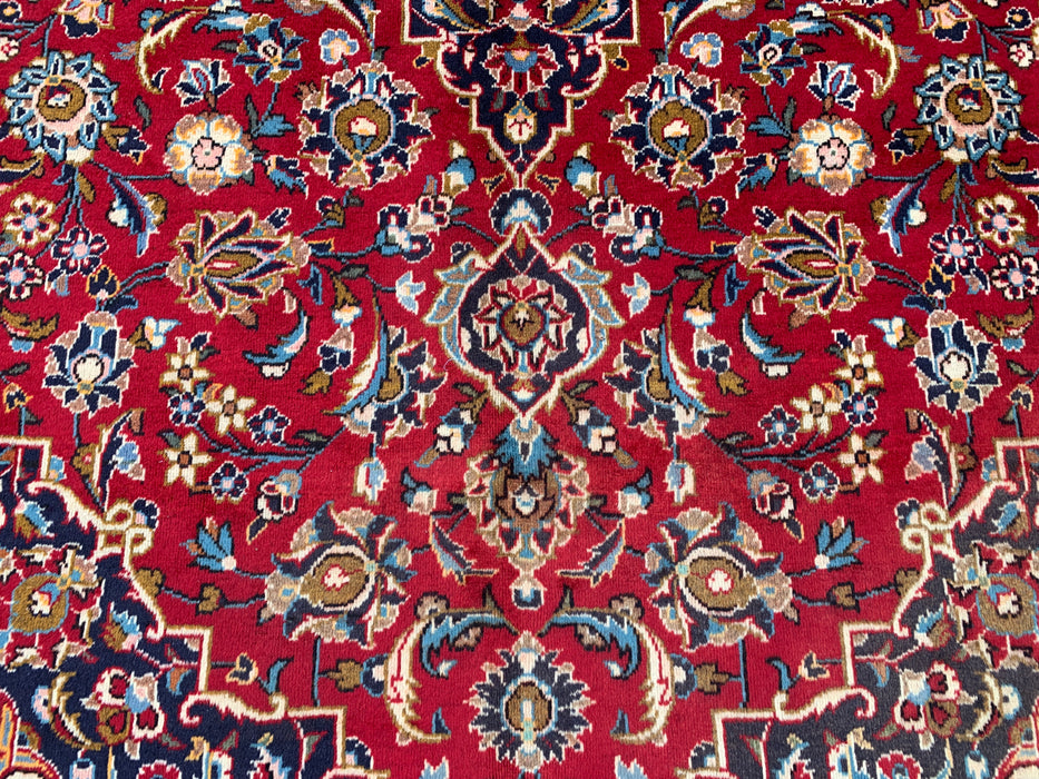 10'11 x 7'5 Hand-Knotted Persian Wool Rug in Red, Navy, Ivory & Light Blue Traditional Floral Medallion Design | KBHM-1198