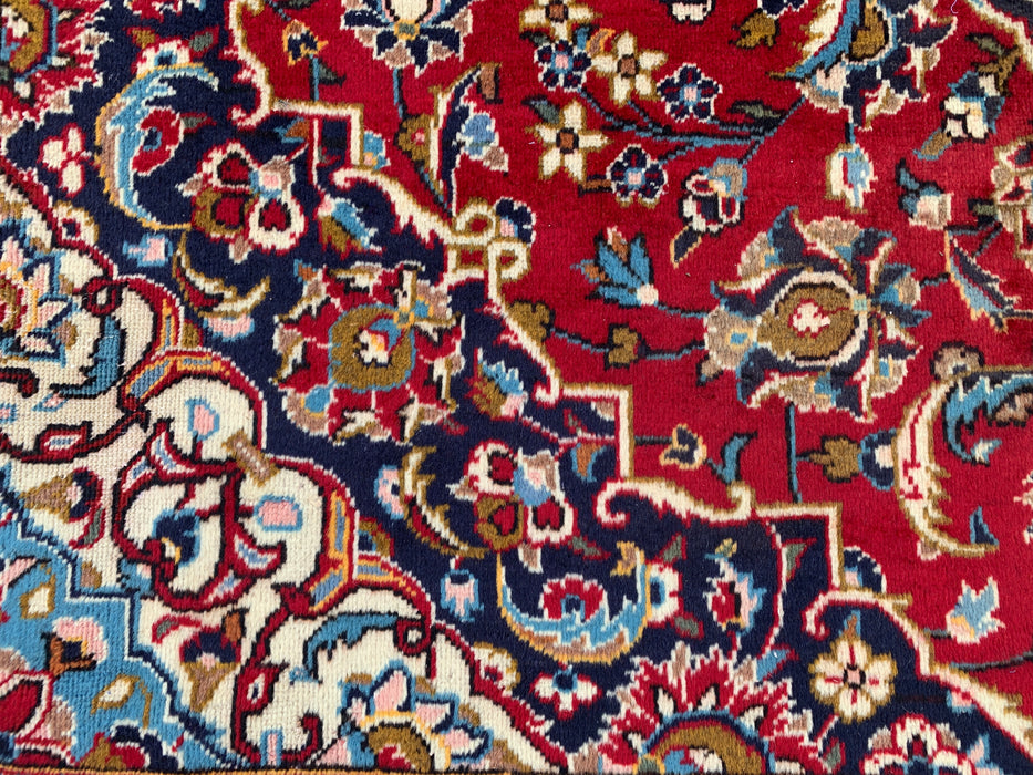 10'11 x 7'5 Hand-Knotted Persian Wool Rug in Red, Navy, Ivory & Light Blue Traditional Floral Medallion Design | KBHM-1198