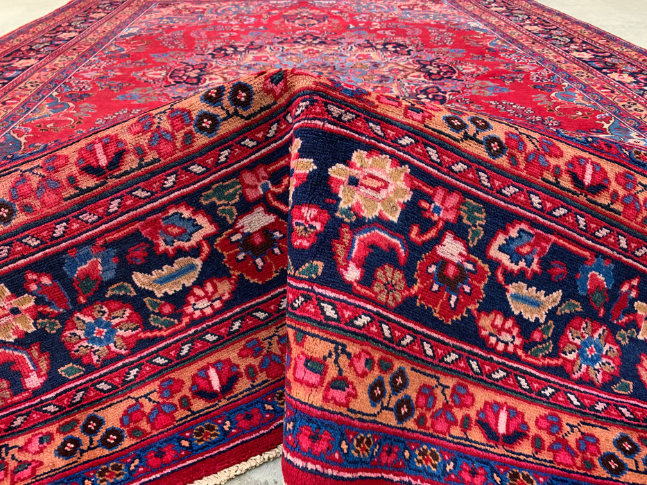 KBHM-1199 Hand-Knotted Persian Wool Rug – 11'4" x 8'1" Red, Navy & Blush Traditional Floral Medallion Area Rug