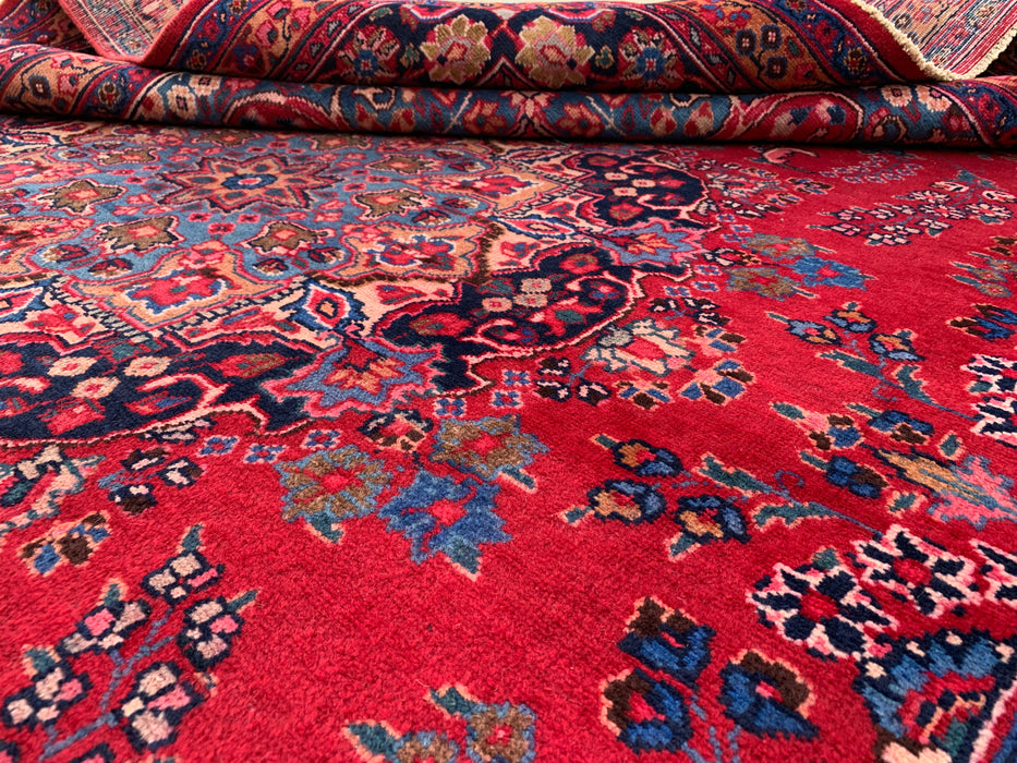 KBHM-1199 Hand-Knotted Persian Wool Rug – 11'4" x 8'1" Red, Navy & Blush Traditional Floral Medallion Area Rug