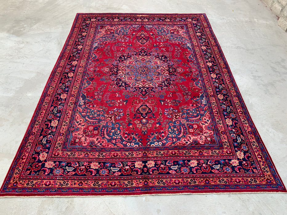 KBHM-1199 Hand-Knotted Persian Wool Rug – 11'4" x 8'1" Red, Navy & Blush Traditional Floral Medallion Area Rug