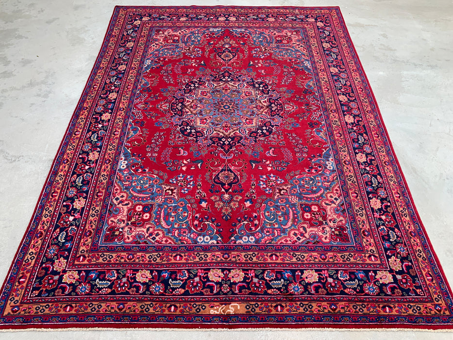 KBHM-1199 Hand-Knotted Persian Wool Rug – 11'4" x 8'1" Red, Navy & Blush Traditional Floral Medallion Area Rug
