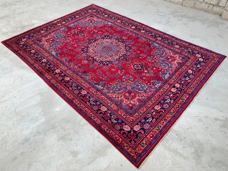 KBHM-1199 Hand-Knotted Persian Wool Rug – 11'4" x 8'1" Red, Navy & Blush Traditional Floral Medallion Area Rug