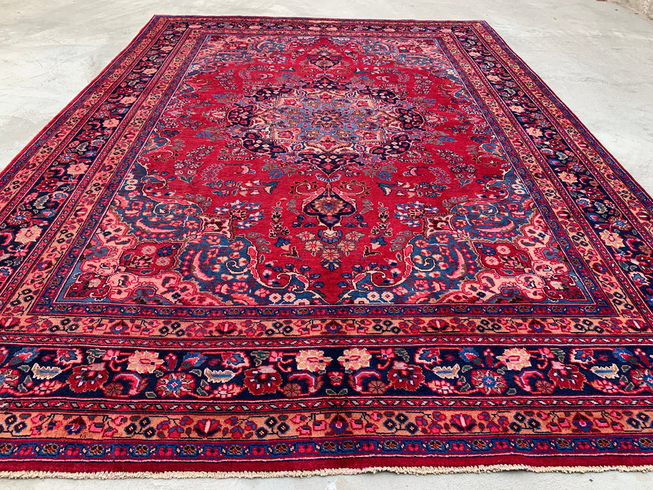 KBHM-1199 Hand-Knotted Persian Wool Rug – 11'4" x 8'1" Red, Navy & Blush Traditional Floral Medallion Area Rug