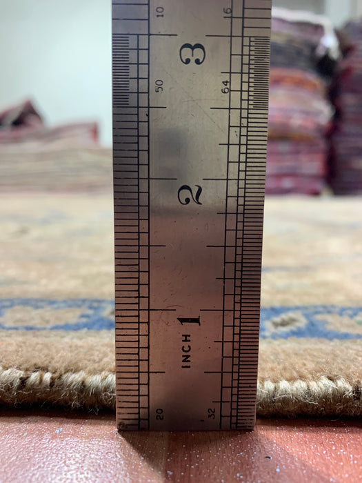 9’8” × 12’6” Hand-Knotted Wool Rug – Camel Brown Field with Navy & Taupe Floral Border