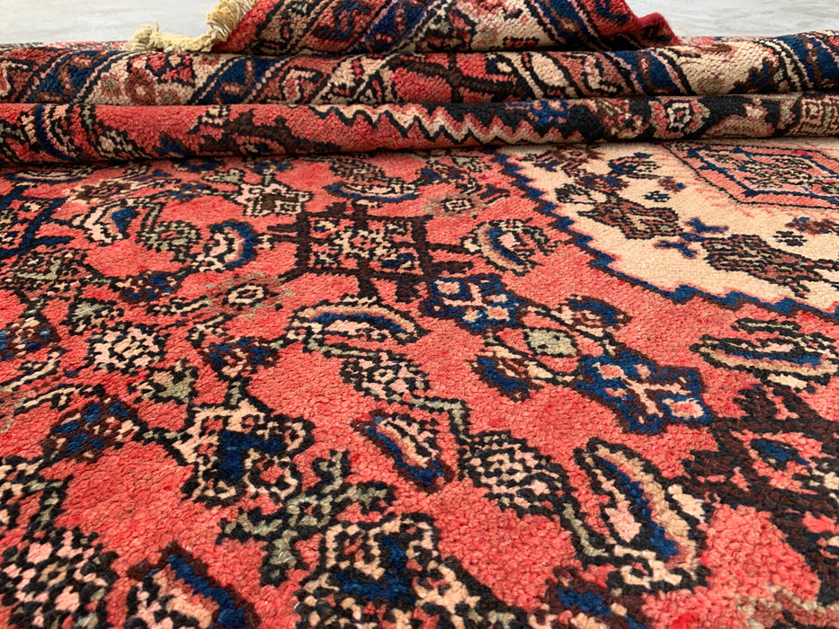 Handmade Persian Wool Area Rug 7x10 - Coral, Ivory & Navy Traditional Medallion Persian Style Rug - Exact Size 9'5" x 6'8" - KBHM-1200