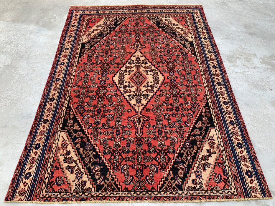 Handmade Persian Wool Area Rug 7x10 - Coral, Ivory & Navy Traditional Medallion Persian Style Rug - Exact Size 9'5" x 6'8" - KBHM-1200