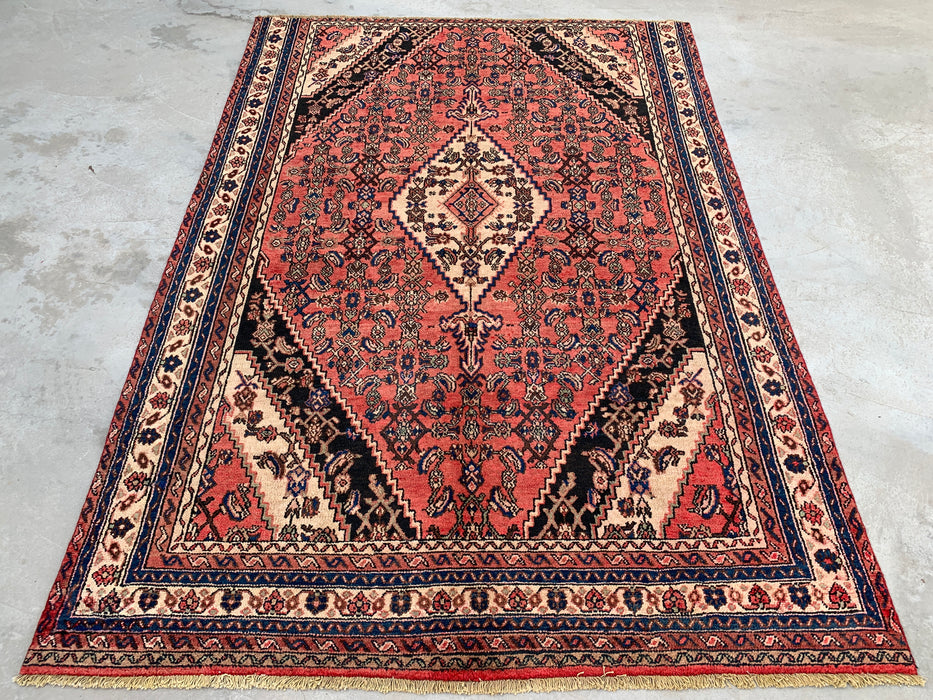 Handmade Persian Wool Area Rug 7x10 - Coral, Ivory & Navy Traditional Medallion Persian Style Rug - Exact Size 9'5" x 6'8" - KBHM-1200