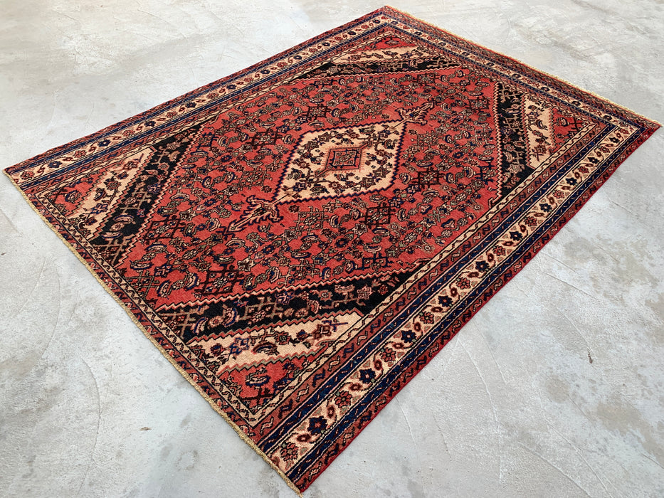 Handmade Persian Wool Area Rug 7x10 - Coral, Ivory & Navy Traditional Medallion Persian Style Rug - Exact Size 9'5" x 6'8" - KBHM-1200