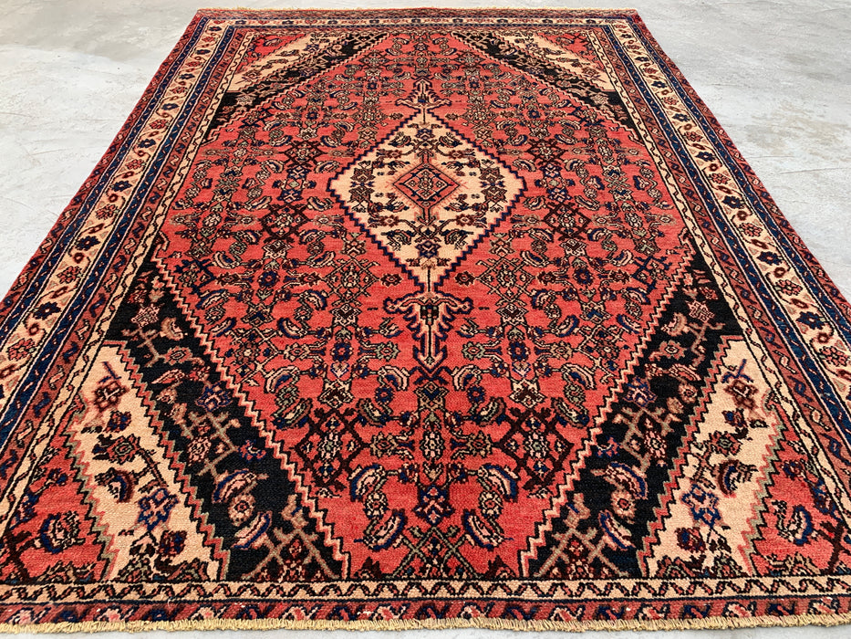 Handmade Persian Wool Area Rug 7x10 - Coral, Ivory & Navy Traditional Medallion Persian Style Rug - Exact Size 9'5" x 6'8" - KBHM-1200
