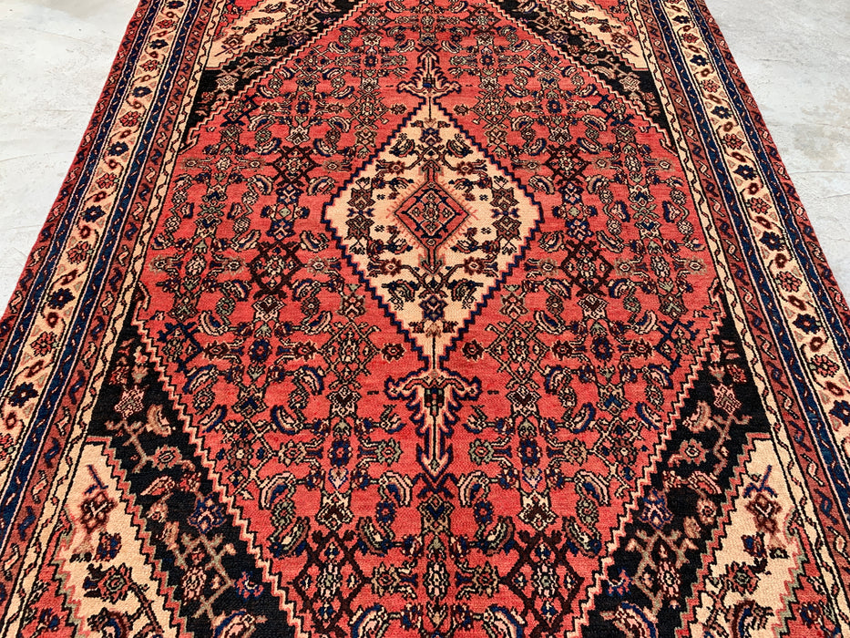 Handmade Persian Wool Area Rug 7x10 - Coral, Ivory & Navy Traditional Medallion Persian Style Rug - Exact Size 9'5" x 6'8" - KBHM-1200