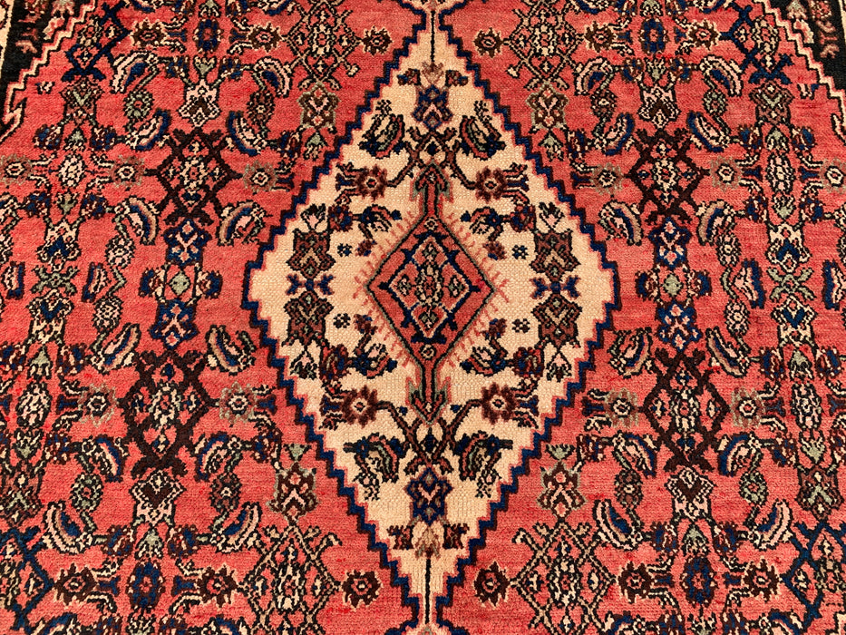 Handmade Persian Wool Area Rug 7x10 - Coral, Ivory & Navy Traditional Medallion Persian Style Rug - Exact Size 9'5" x 6'8" - KBHM-1200