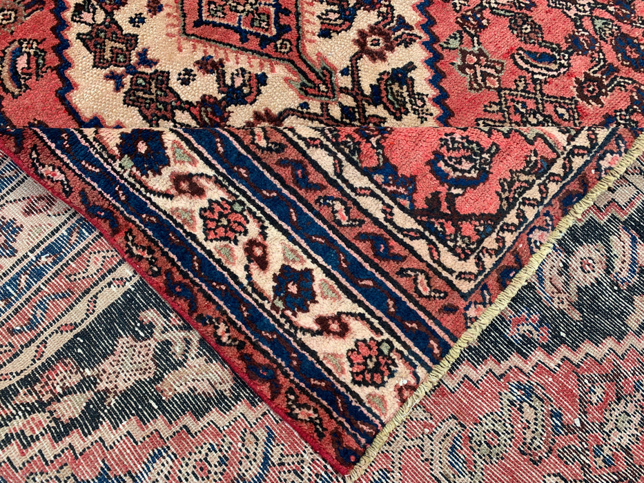 Handmade Persian Wool Area Rug 7x10 - Coral, Ivory & Navy Traditional Medallion Persian Style Rug - Exact Size 9'5" x 6'8" - KBHM-1200