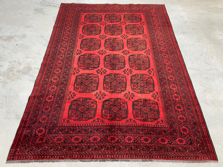 KBHM-1204 Hand-Knotted Persian Wool Rug – 8'11" x 6'3" Red & Black Geometric Area Rug