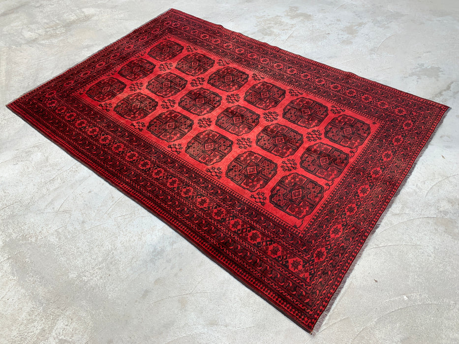KBHM-1204 Hand-Knotted Persian Wool Rug – 8'11" x 6'3" Red & Black Geometric Area Rug