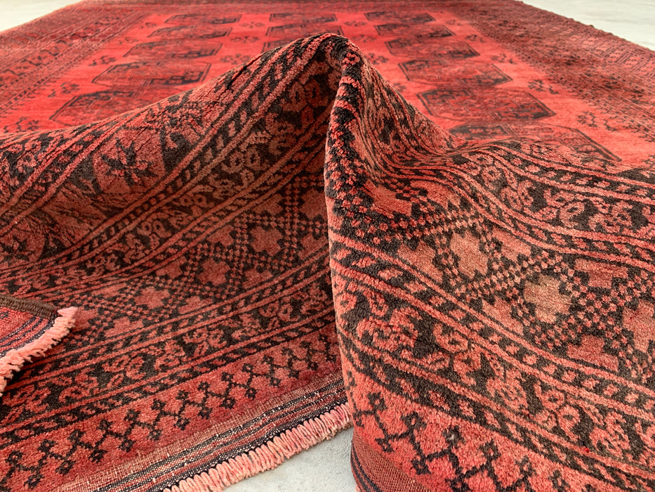 Hand-Knotted Persian Wool Rug – Coral Red Geometric Design – 9'10" x 7'1" – kbhm-1207