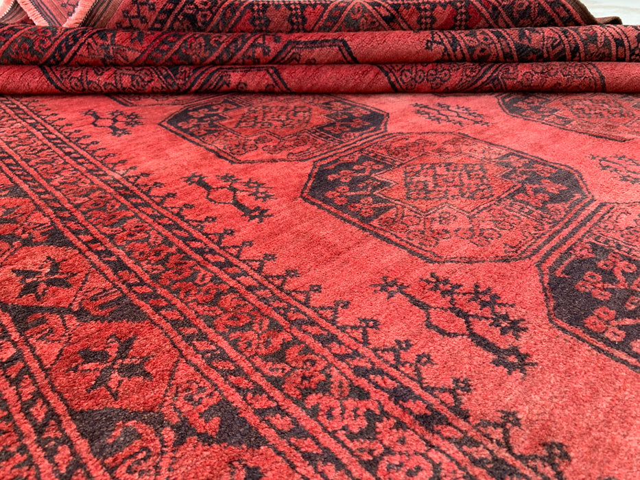 Hand-Knotted Persian Wool Rug – Coral Red Geometric Design – 9'10" x 7'1" – kbhm-1207