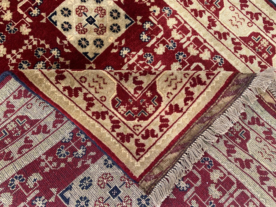 Hand-Knotted Chobi Wool Rug 5'0 x 3'3 Red Ivory Geometric Area Rug - KBHM-1210