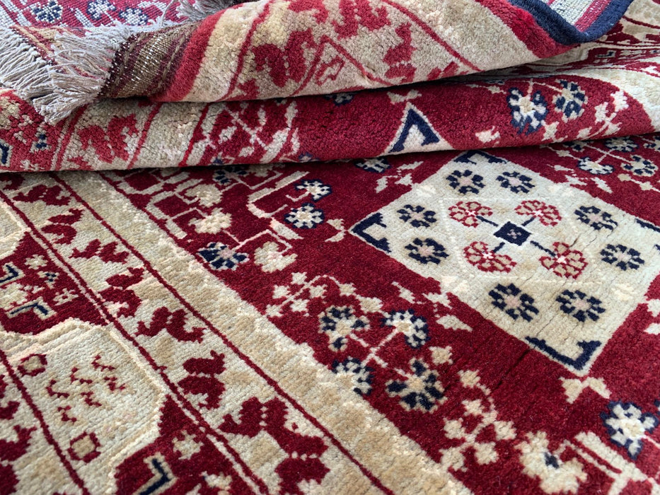 Hand-Knotted Chobi Wool Rug 5'0 x 3'3 Red Ivory Geometric Area Rug - KBHM-1210