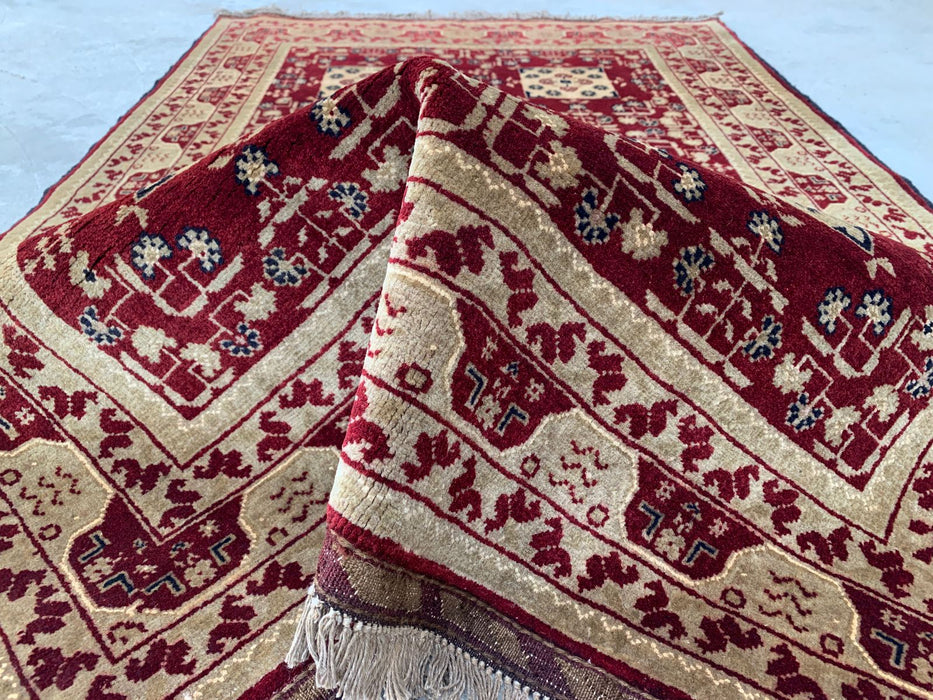 Hand-Knotted Chobi Wool Rug 5'0 x 3'3 Red Ivory Geometric Area Rug - KBHM-1210