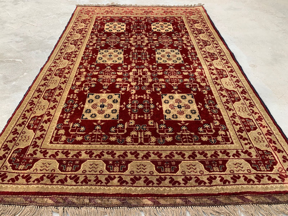Hand-Knotted Chobi Wool Rug 5'0 x 3'3 Red Ivory Geometric Area Rug - KBHM-1210