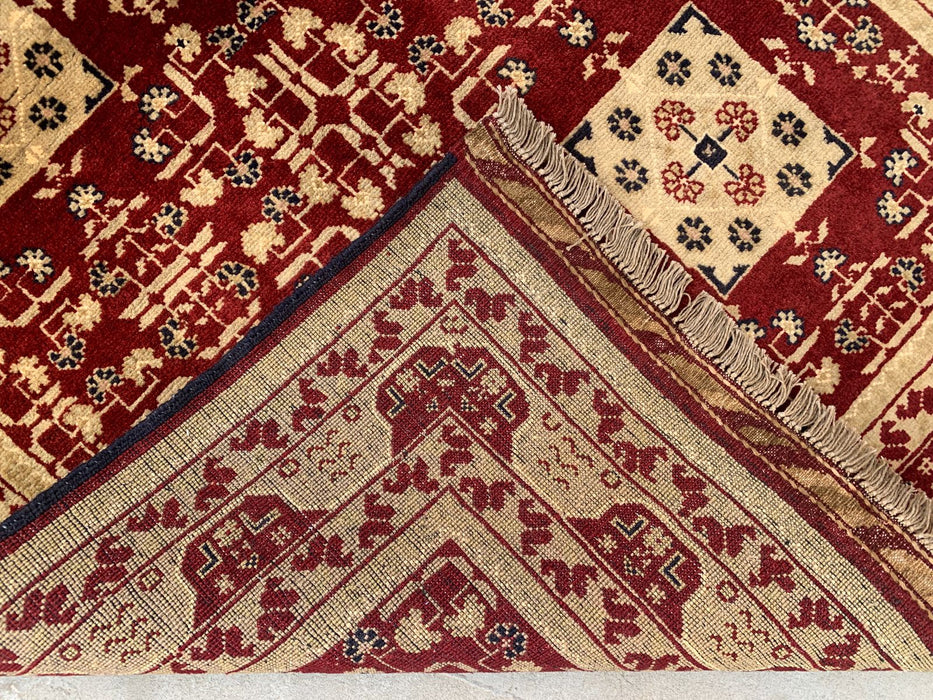 Hand-Knotted Chobi Wool Rug 5'0 x 3'3 Red Ivory Geometric Area Rug - KBHM-1210