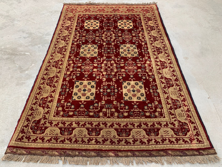 Hand-Knotted Chobi Wool Rug 5'0 x 3'3 Red Ivory Geometric Area Rug - KBHM-1210