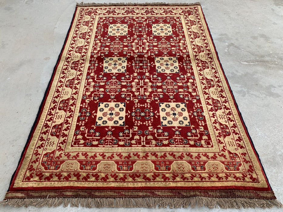 Hand-Knotted Chobi Wool Rug 5'0 x 3'3 Red Ivory Geometric Area Rug - KBHM-1210